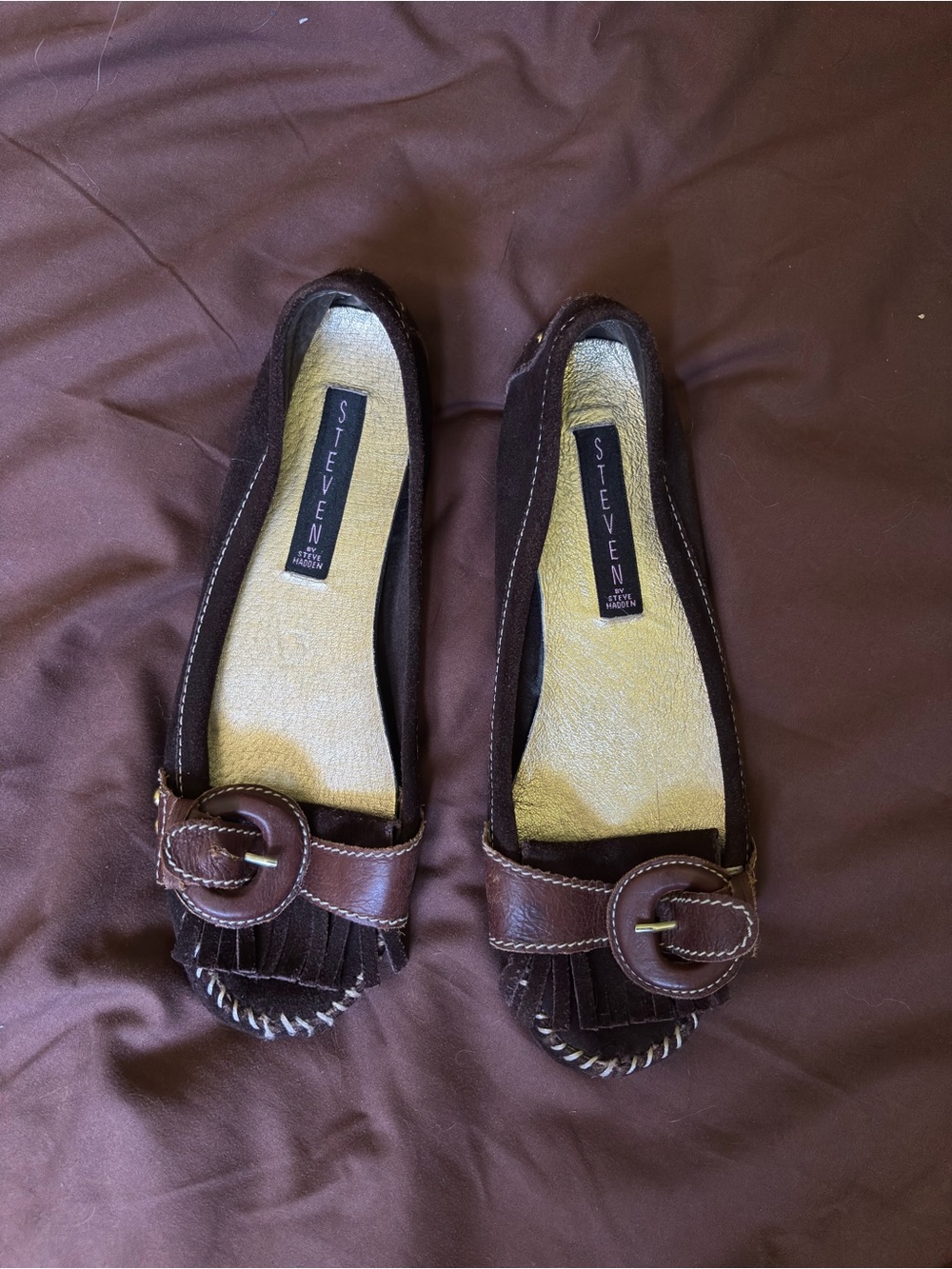Steven by Steve Madden Brown Leather Fringe Loafers with Buckle